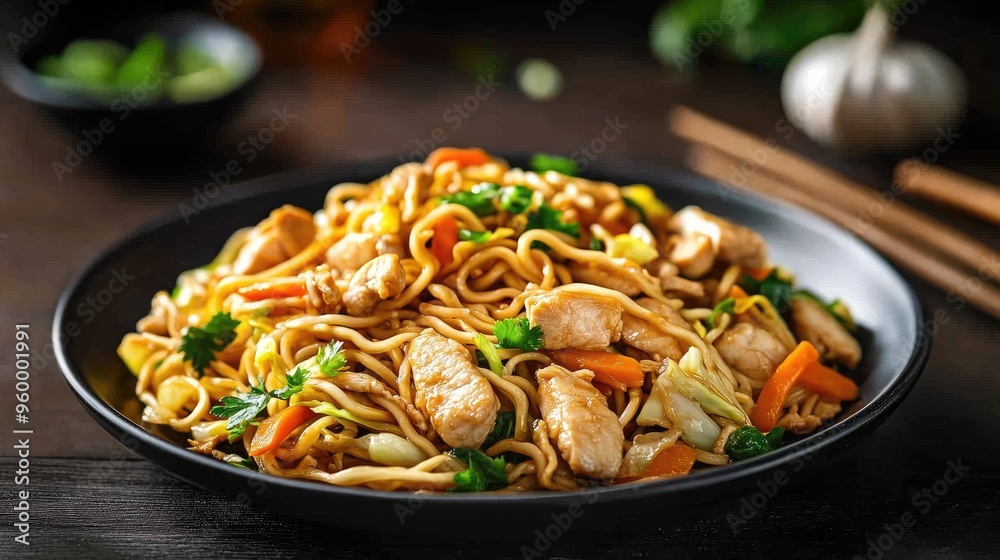 Dark plate of Chow Mein noodles with chicken, cabbage, carrots, and garlic, presented on a wooden table with a softly blurred background, highlighting the dish's appeal. Dark plate of Chow Mein noodles with chicken, cabbage, carrots, and garlic, presented on a wooden table with a softly blurred background, highlighting the dish's appeal.
