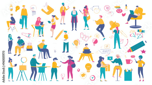 Teamwork web concept with people scenes mega set in flat design. Bundle of character situations with brainstorming for developing business,