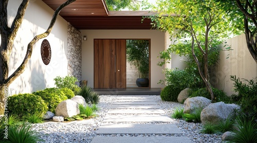 Fototapeta Naklejka Na Ścianę i Meble -  A zen home entrance with a wooden door, stone pathway, and calming outdoor elements.