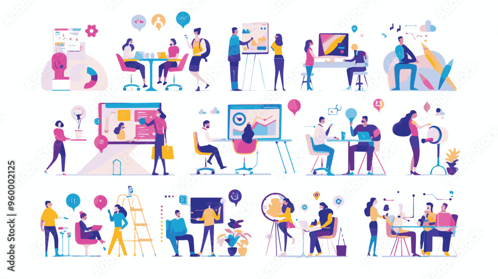 Teamwork web concept with people scenes mega set in flat design. Bundle of character situations with brainstorming for developing business, Teamwork web concept with people scenes mega set in flat design. Bundle of character situations with brainstorming for developing business,