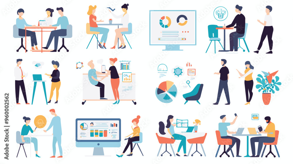 Teamwork web concept with people scenes mega set in flat design. Bundle of character situations with brainstorming for developing business, Teamwork web concept with people scenes mega set in flat design. Bundle of character situations with brainstorming for developing business,