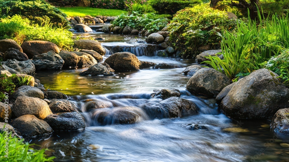 A peaceful river flowing through a zen-inspired garden, surrounded by rocks and greenery. A peaceful river flowing through a zen-inspired garden, surrounded by rocks and greenery.