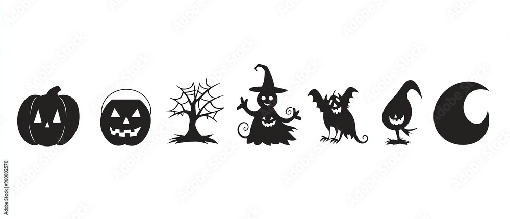 Halloween silhouettes of witch, pumpkin, haunted house, bat, spider web, and tree. Halloween silhouettes of witch, pumpkin, haunted house, bat, spider web, and tree.