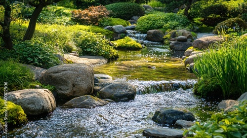A peaceful river flowing through a zen-inspired garden, surrounded by rocks and greenery.