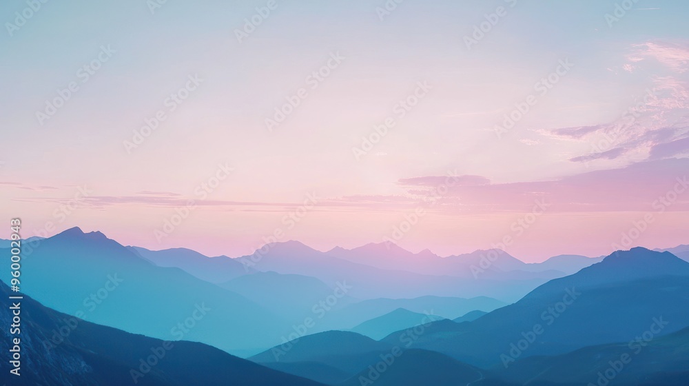A calm mountain landscape at dawn, with soft colors and a serene atmosphere.