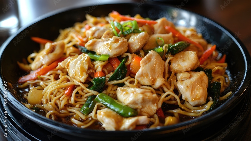 Classic Chicken Chow Mein, featuring chicken, vegetables, and noodles, a beloved dish in China tourist spots, presented with vibrant colors and traditional appeal. Classic Chicken Chow Mein, featuring chicken, vegetables, and noodles, a beloved dish in China tourist spots, presented with vibrant colors and traditional appeal.