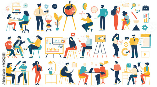 Teamwork web concept with people scenes mega set in flat design. Bundle of character situations with brainstorming for developing business,