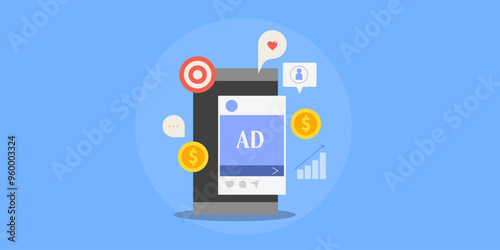 Mobile advertising, use social media sponsored ads on smartphone screen targeting customers more reach and engagement vector illustration.