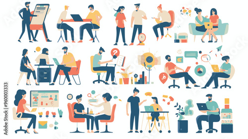 Teamwork web concept with people scenes mega set in flat design. Bundle of character situations with brainstorming for developing business,