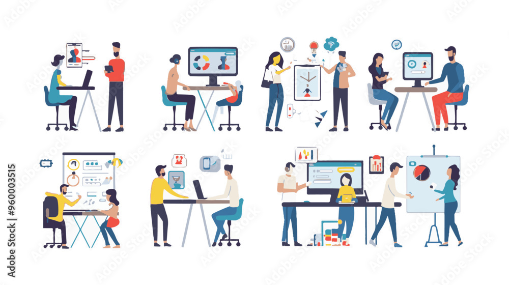 Teamwork web concept with people scenes mega set in flat design. Bundle of character situations with brainstorming for developing business, Teamwork web concept with people scenes mega set in flat design. Bundle of character situations with brainstorming for developing business,