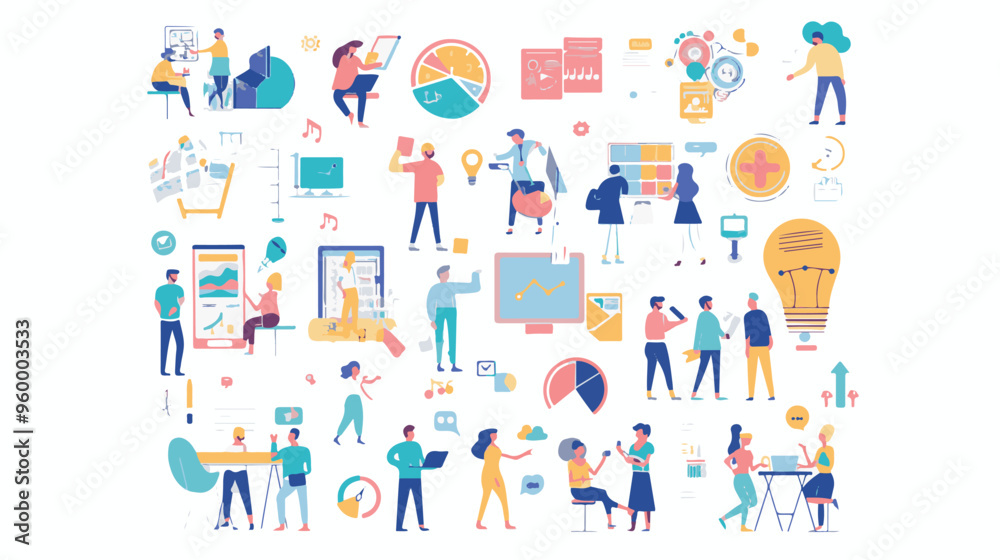 Teamwork web concept with people scenes mega set in flat design. Bundle of character situations with brainstorming for developing business, Teamwork web concept with people scenes mega set in flat design. Bundle of character situations with brainstorming for developing business,