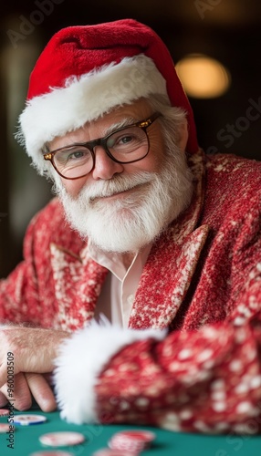 Jolly Senior Man in Santa Outfit Enjoying a Festive Poker Game, Christmas Cheer at the Casino