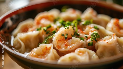 Close-up of a bowl filled with shrimp dumplings, beautifully garnished and arranged to highlight the delicious and savory nature of this popular dish.