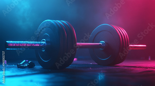 Barbell and Parts on Table with Colorful Lights