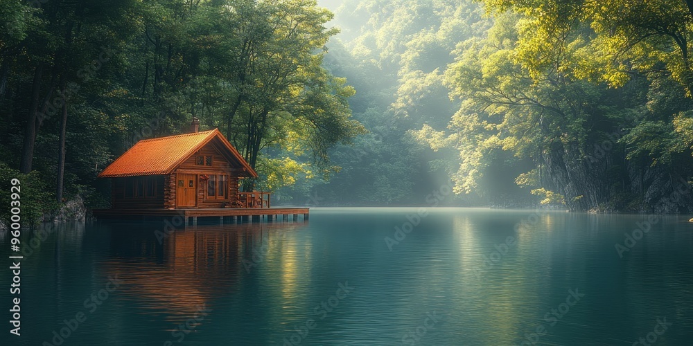 Fototapeta premium Secluded Wooden Cabin on a Still Lake Surrounded by Forest