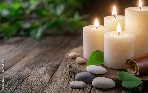 A shamanic altar is adorned with natural elements including wooden bowls filled with herbs and stones, complemented by unlit candles and a rustic brown fabric backdrop.