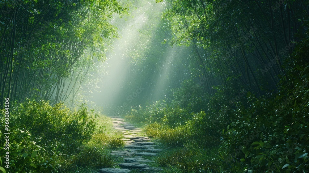 A zen-inspired landscape with a misty forest and a narrow path leading into the distance. A zen-inspired landscape with a misty forest and a narrow path leading into the distance.