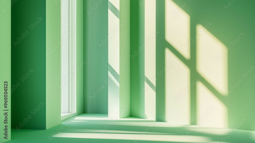 Minimalistic Abstract Green Gradient Background With Sunlit Geometric Shapes in a Modern Interior Space Minimalistic Abstract Green Gradient Background With Sunlit Geometric Shapes in a Modern Interior Space