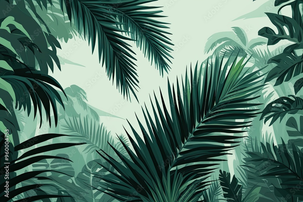 Dynamic Fronds Swaying in the Breeze: A Calming Tropical Rainforest Illustration Dynamic Fronds Swaying in the Breeze: A Calming Tropical Rainforest Illustration