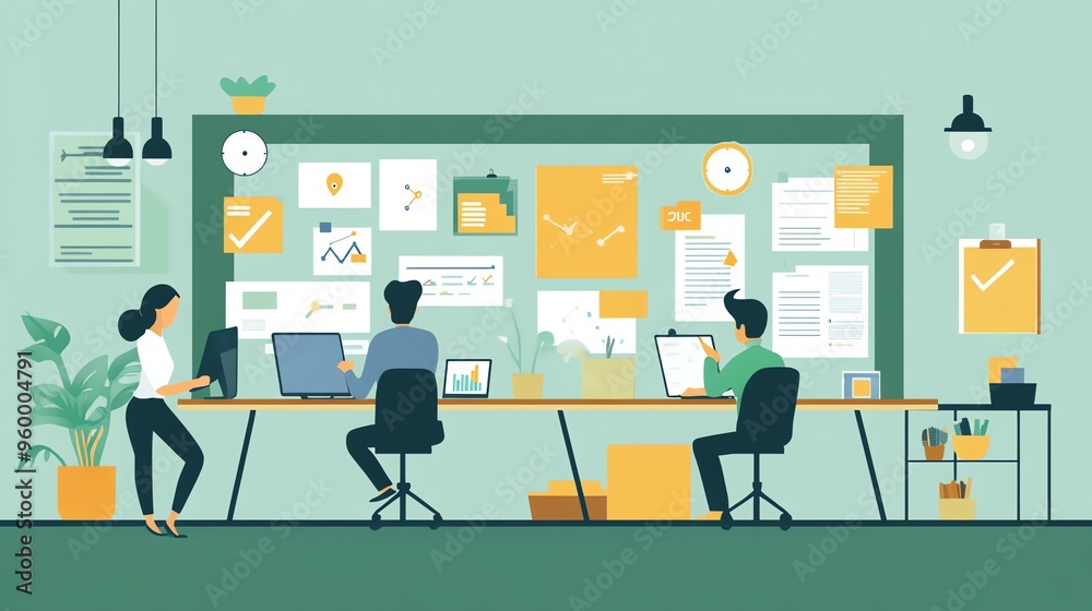 Three People Working at Desks in a Modern Office