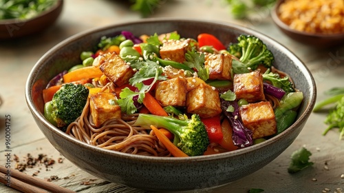 A vibrant bowl of vegan stir-fry features sautéed tofu, colorful vegetables, and savory seasonings, beautifully presented on a rustic table in warm lighting