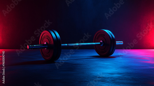 Barbell and Parts on Table with Colorful Lights