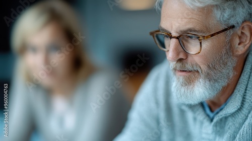 An elderly man with glasses and a gray beard, wearing a light sweater, looks focused and serious while engaged in an activity, with a person blurred in the background.