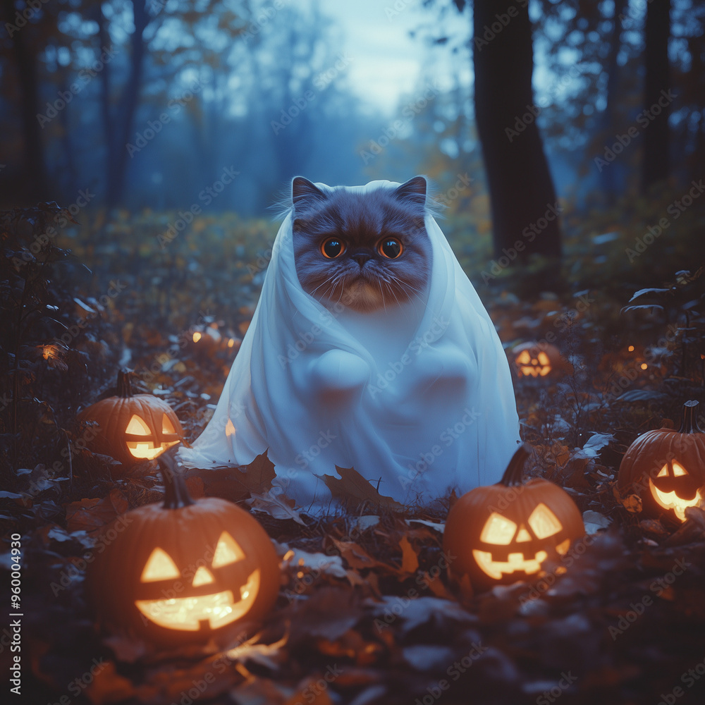 Naklejka premium cat dressed as a ghost in a spooky forest