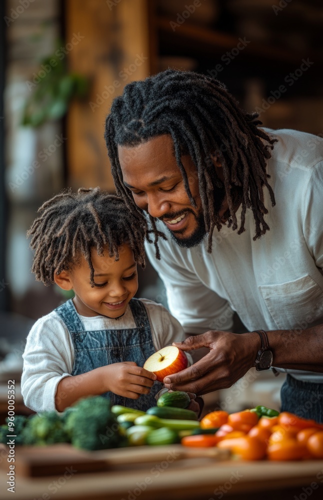 Black father and son preparing vegetables together in a happy, casual kitchen atmosphere Black father and son preparing vegetables together in a happy, casual kitchen atmosphere