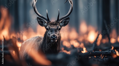 Wallpaper Mural A majestic deer stands alert in the foreground of a forest with flames and smoke from a wildfire in the background, portraying wildlife in danger amidst environmental chaos. Torontodigital.ca