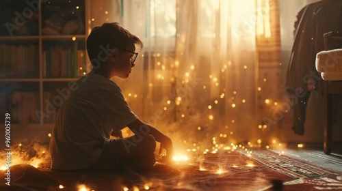 Wallpaper Mural A boy sits on a rug in a sunlit room, surrounded by magical sparkles floating around him, creating a whimsical and enchanting atmosphere that captures the essence of childhood wonder. Torontodigital.ca