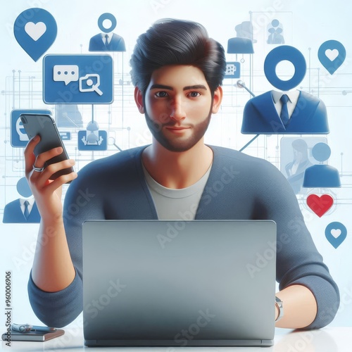 3D illustration of male guy Qadir with laptop. social media concept.3D rendering on white background.
 photo