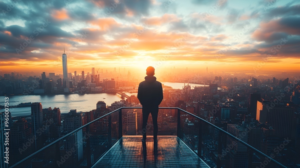 Man Silhouette Cityscape Sunset Rooftop View