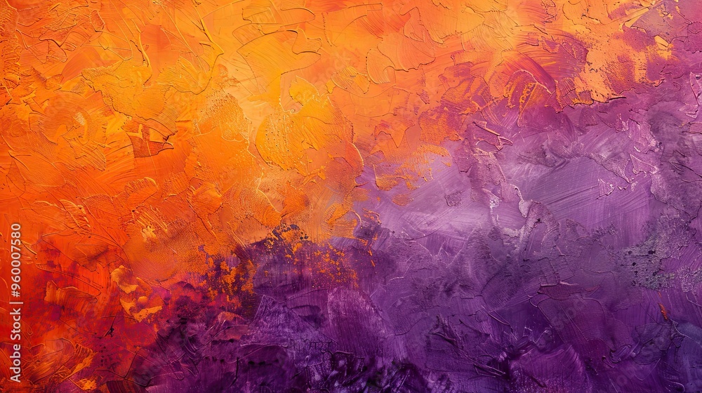Fototapeta premium Dynamic orange and purple wallpaper with textured brushstrokes on rough canvas