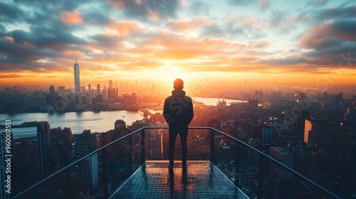 Man Silhouette Cityscape Sunset Rooftop View