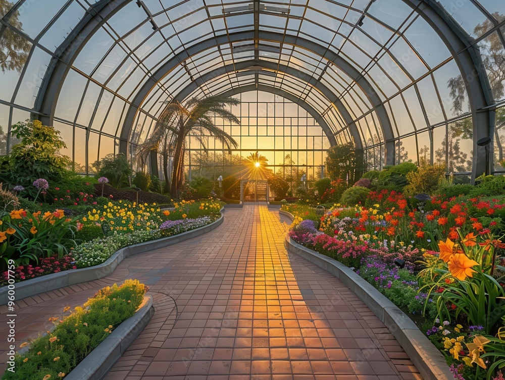 Expansive botanical conservatory, glass domes, sunset, bird's-eye view, vibrant plant diversity, wide-angle lens, clear sky Expansive botanical conservatory, glass domes, sunset, bird's-eye view, vibrant plant diversity, wide-angle lens, clear sky