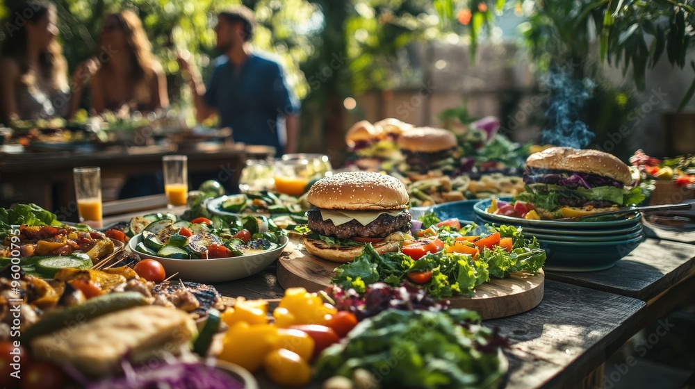 A group of friends shares a delightful outdoor meal featuring a variety of vegan and gluten-free dishes, surrounded by greenery and sunshine
