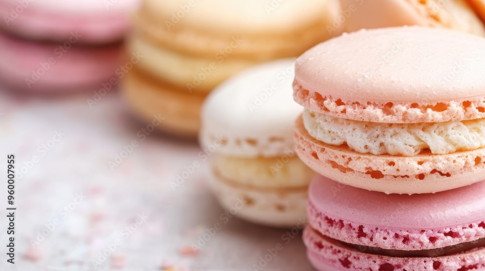 Obraz premium A delightful assortment of colorful French macarons arranged in pastel hues, showcasing their delicate textures and inviting flavors, evoking a sense of elegance and indulgence.