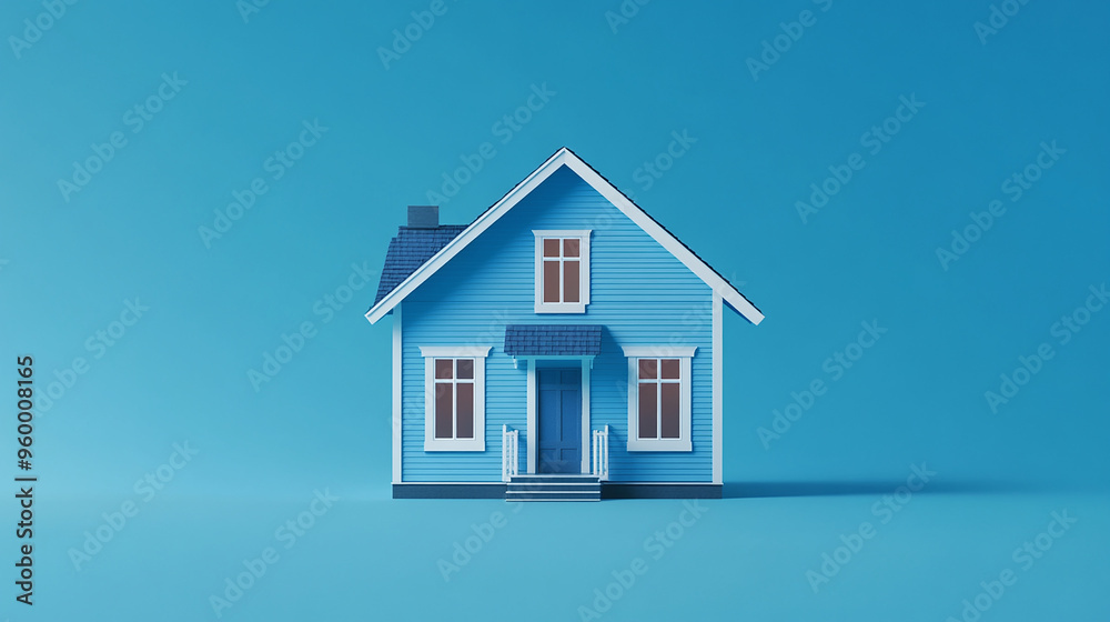 Blue House Real Estate Concept on Blue Background Blue House Real Estate Concept on Blue Background
