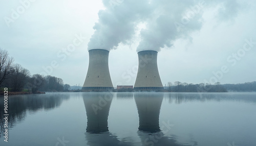 White smoke billows from nuclear power plants by a lake, with reflections in the water, creating a dramatic and impactful scene.







 photo