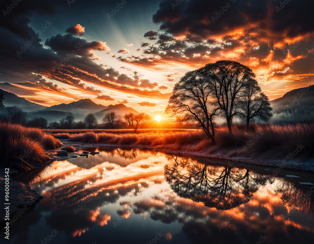 Breathtaking sunset at a mountain lake. Dramatic AI generated landscape. Digital illustration. CG Artwork Background Breathtaking sunset at a mountain lake. Dramatic AI generated landscape. Digital illustration. CG Artwork Background