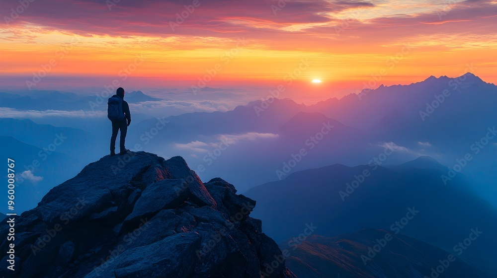 Fototapeta premium Silhouette of Man on Mountain Peak at Sunrise