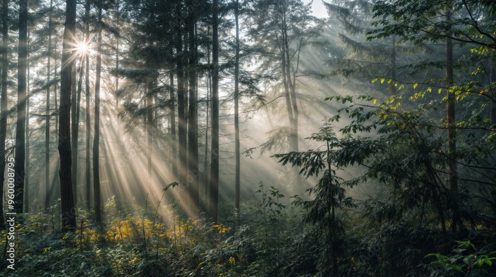 Fototapeta premium A tranquil forest scene at dawn with sunlight piercing through the mist, creating a peaceful and serene atmosphere..