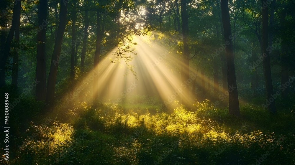 Fototapeta premium Sunbeams Through Misty Forest - Golden Light Nature Photography