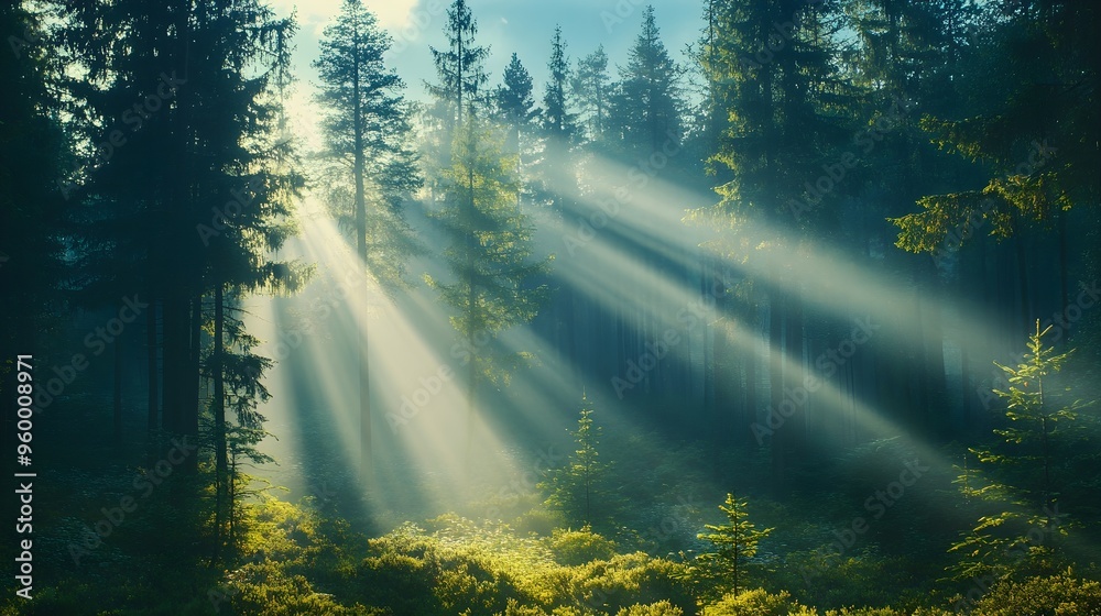 Sunbeams Through Misty Forest - Nature Photography Sunbeams Through Misty Forest - Nature Photography