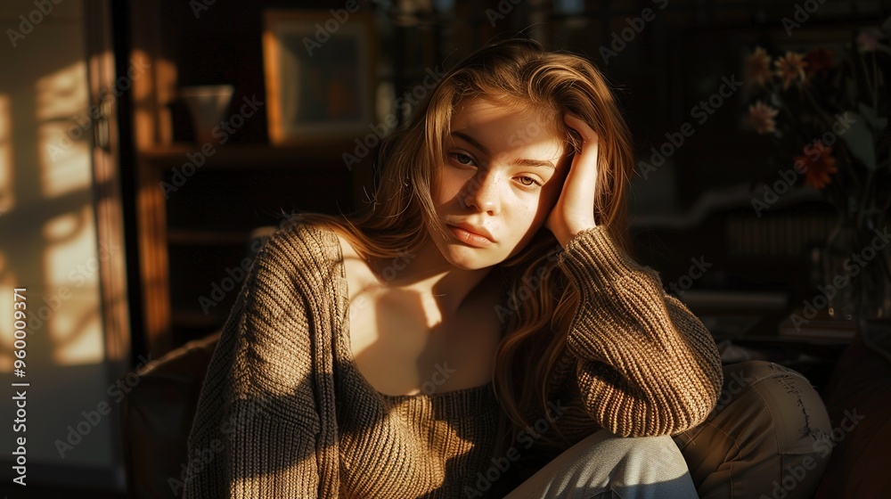 Stunning Indoor Portrait of Girl in Sunlight: A Radiant and Beautiful Vision. Showcasing Grace and Charm. Stunning Indoor Portrait of Girl in Sunlight: A Radiant and Beautiful Vision. Showcasing Grace and Charm.