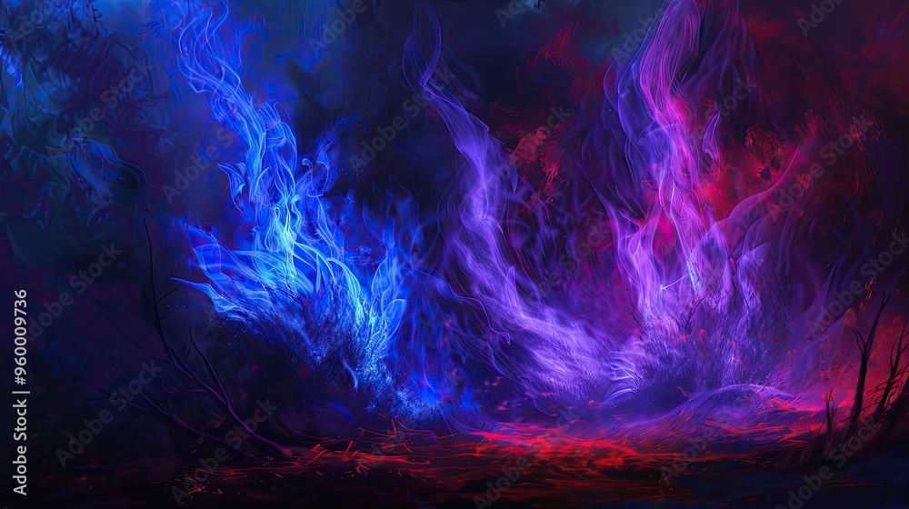 Fototapeta premium Ghostly flames in blue and purple intertwine with red for a mystical surreal effect