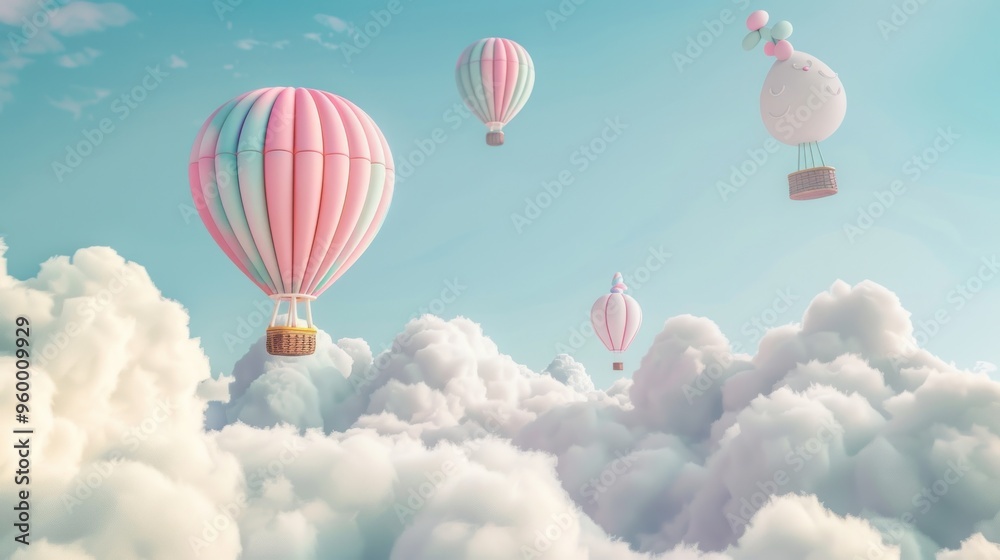 Fototapeta premium A colorful hot air balloon is flying through a cloudy sky
