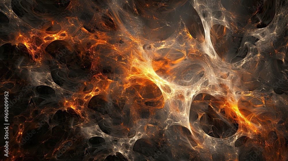 Lattice-like patterns of glowing flames and embers set against a dark smoky background Lattice-like patterns of glowing flames and embers set against a dark smoky background