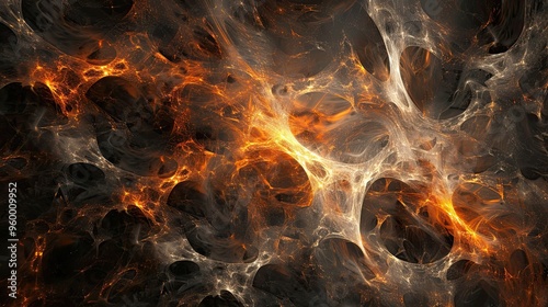 Lattice-like patterns of glowing flames and embers set against a dark smoky background